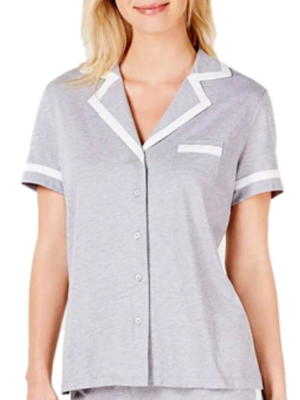 ALFANI Womens 1-Piece Short Sleeve Pima Cotton Pajama Top, Heather Gray, M
